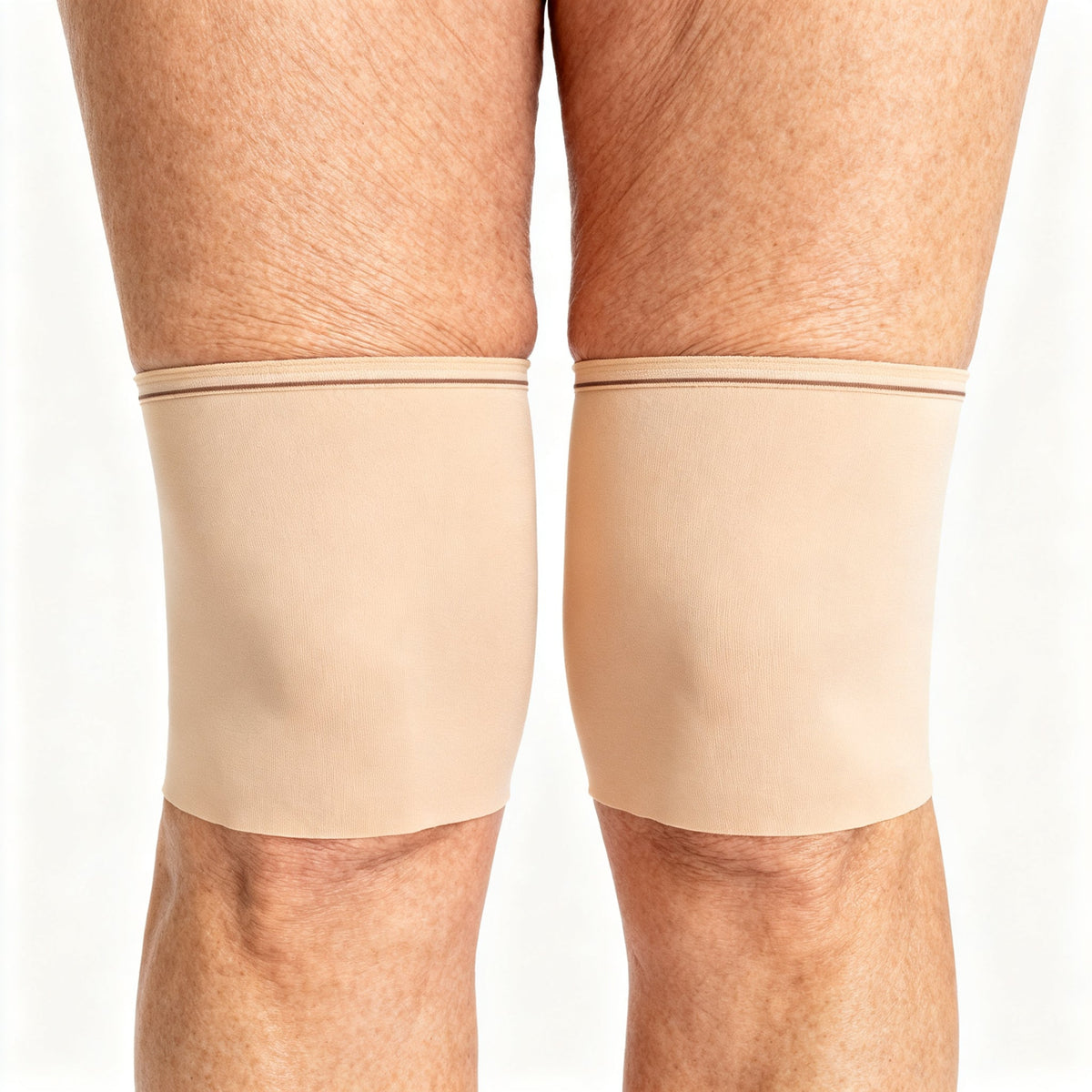 Beige lace anti-chafing thigh bands worn on thighs