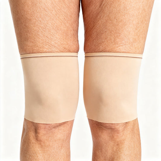 Beige lace anti-chafing thigh bands worn on thighs